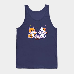 Cute Shiba Inu Dog And Cat With Birthday Cake Cartoon Tank Top